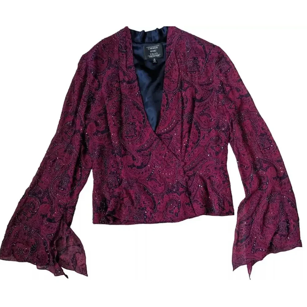 Carmen Marc Valvo Silk Beaded Blouse Women 10 Burgundy Blue Paisley Bell Sleeve - Picture 2 of 8